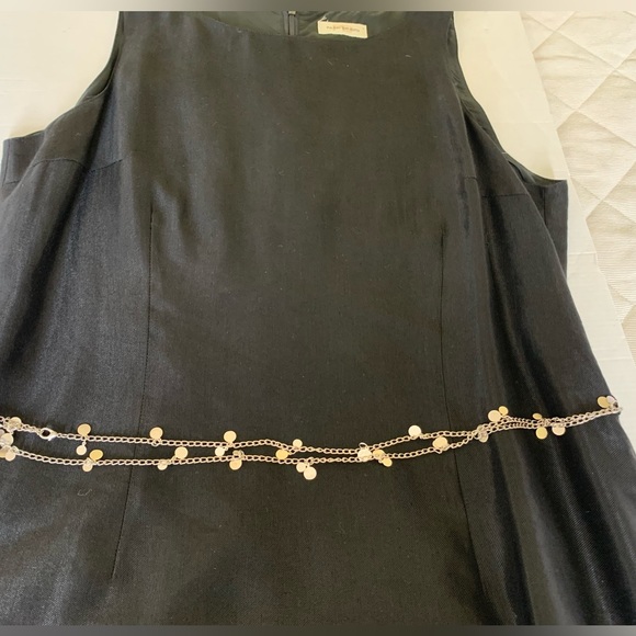 Black shiny linen midi prom party dress sleeveless silver metal chain belt US 10 - Picture 11 of 16